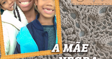 Na imagem, uma foto de Rosangella Alffa (autora) sorrindo entre seus dois filhos. Embaixo da imagem, um fundo de tecido de crochê e na parte superior o título "A Mãe negra e o amor"