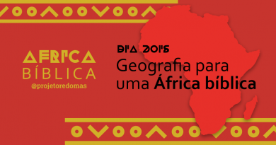 Imagem de fundo vermelho com linhas amarelas. No lado direito está o mapa do continente africano em vermelho mais claro. Sobre o mapa está escrito "Dia dois" em fonte estilizada geométrica criada pelo designer Kevin Karanja. Do lado esquero, está a logo da campanha África Bíblica, na mesma fonte. Embaixo da logo, "@projetoredomas"