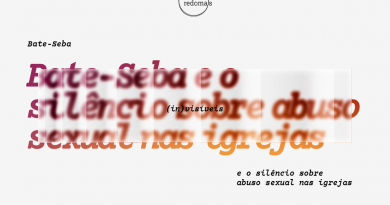 Imagem de fundo cinza com letras rosa e laranja, está escrito Bate-seba e o silêncio sobre abuso sexual nas igrejas". Por cima do texto, há um efeito de vidro que deixa o texto desfocado